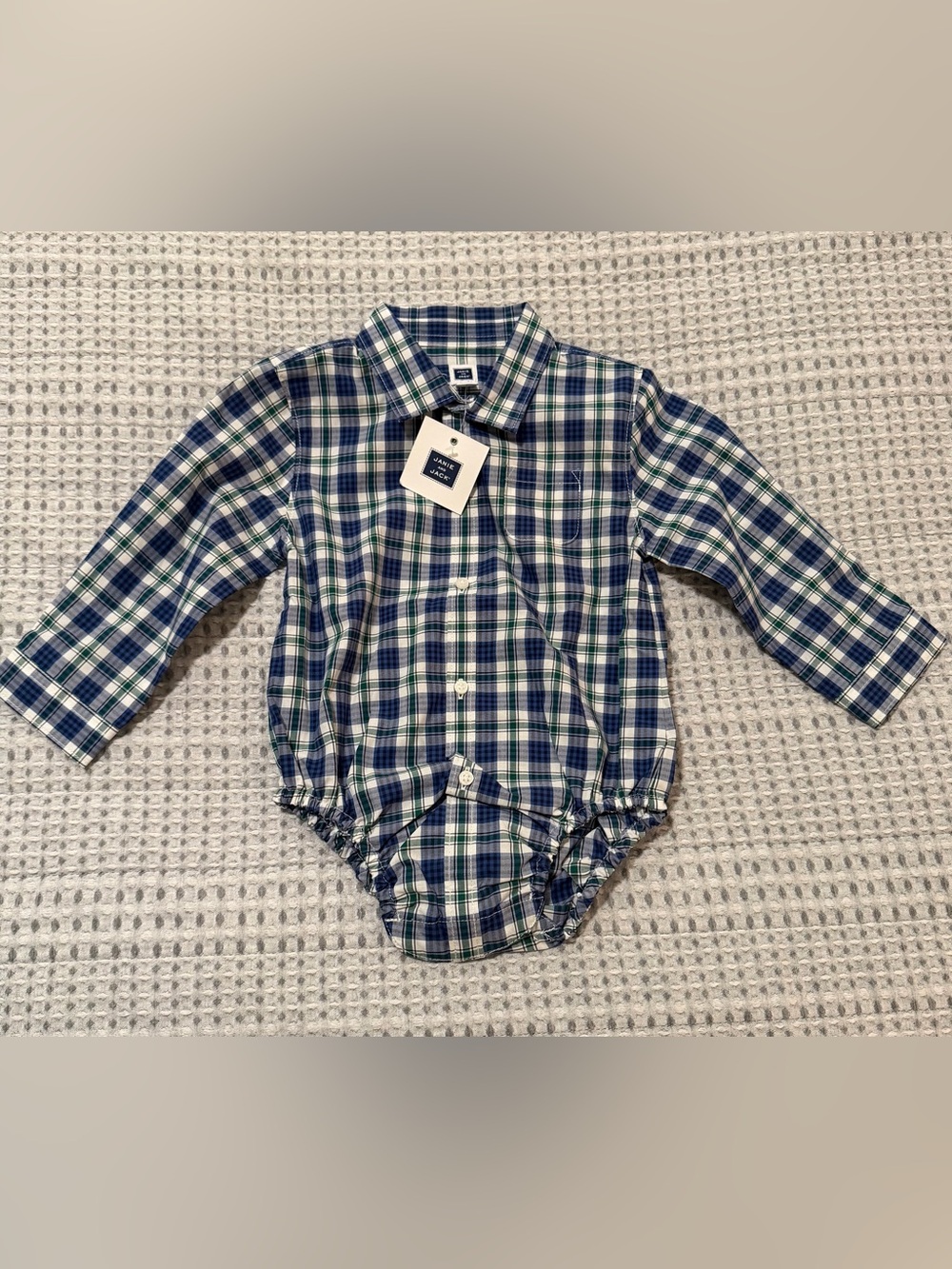 NWT Boys Janie and Jack Navy/Green Plaid Button Down Shirt/Onesie!